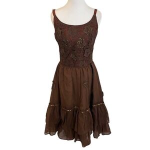 Brown Lace Bodice Dress Ruffle‎ Tiered Hem Sleeveless Party Cocktail